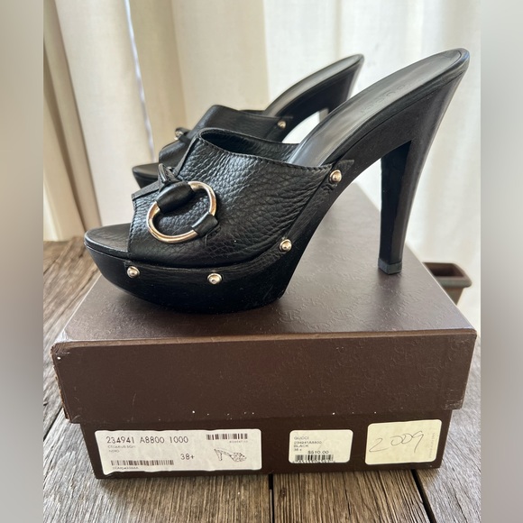 Gucci Black Leather Icon Bit Platform Sandal Clog Heel EU 38+ US 8/8.5 - Picture 2 of 6